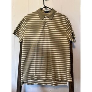 Polo Ralph Lauren Mens Olive Green White Striped Cotton Pique Polo Shirt Medium